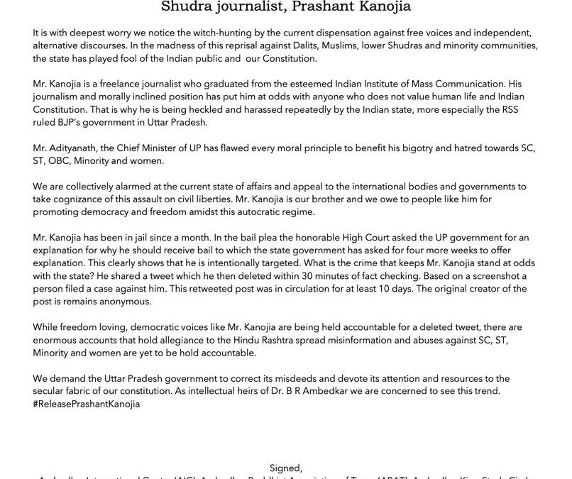 Global Ambedkarites of North America stand in solidarity with Prashant Kanojia